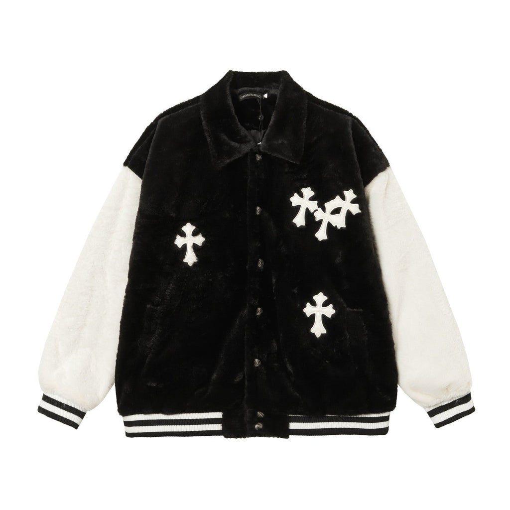Chrome-Hearts Faux Fur Cross Varsity Jacket - Black White Gothic Streetwear 035