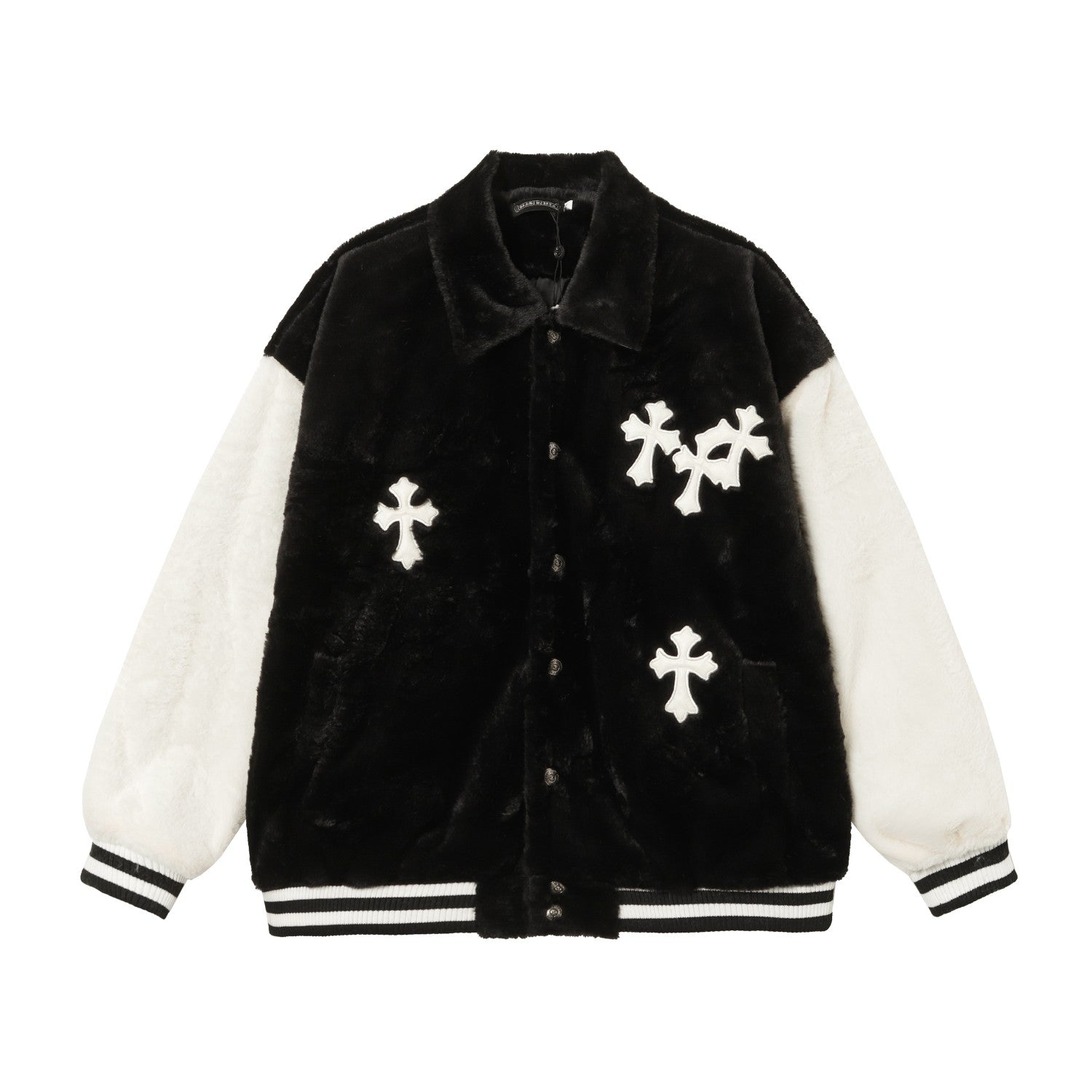 Chrome-Hearts Faux Fur Cross Varsity Jacket - Black White Gothic Streetwear 035