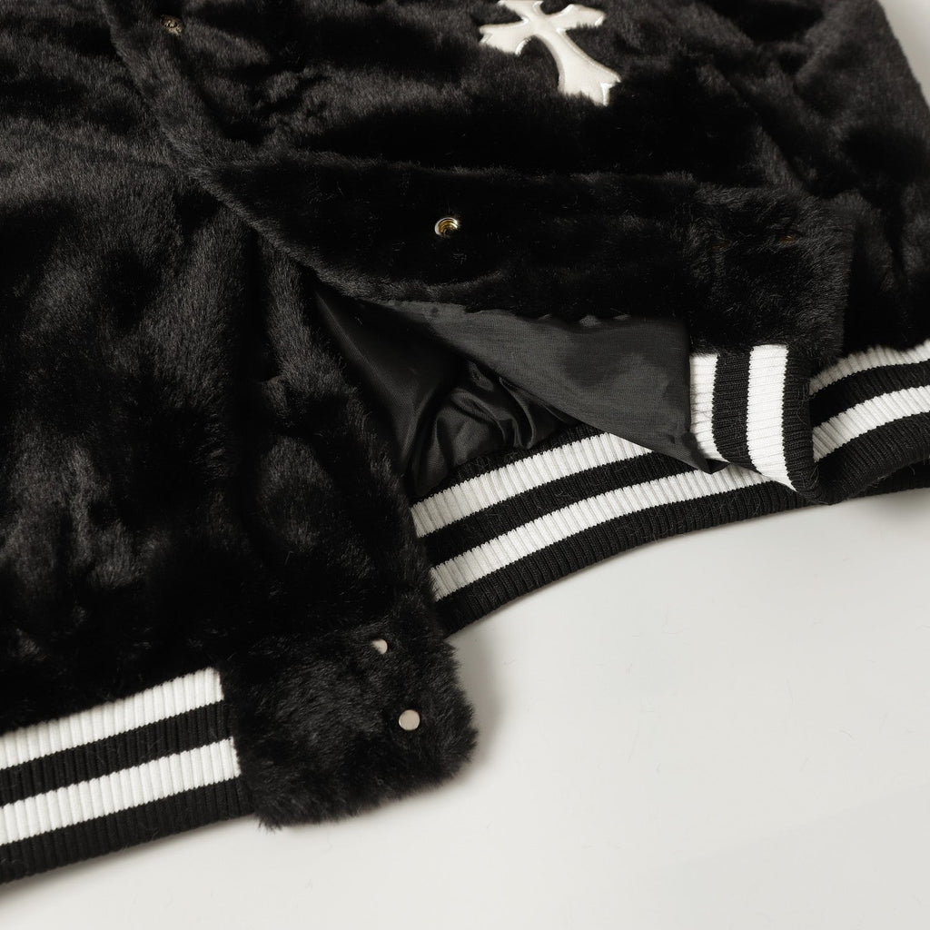 Chrome-Hearts Faux Fur Cross Varsity Jacket - Black White Gothic Streetwear 035