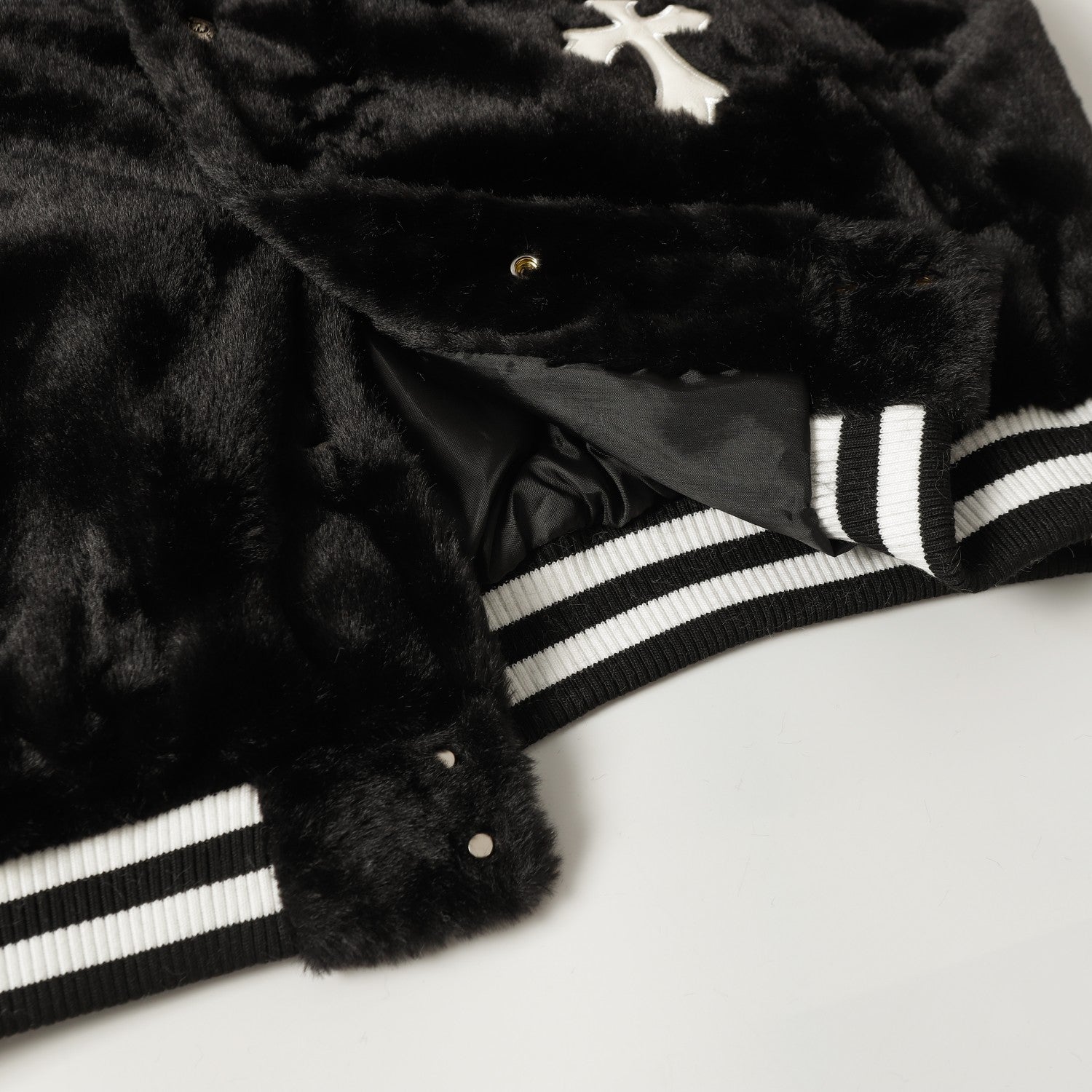 Chrome-Hearts Faux Fur Cross Varsity Jacket - Black White Gothic Streetwear 035