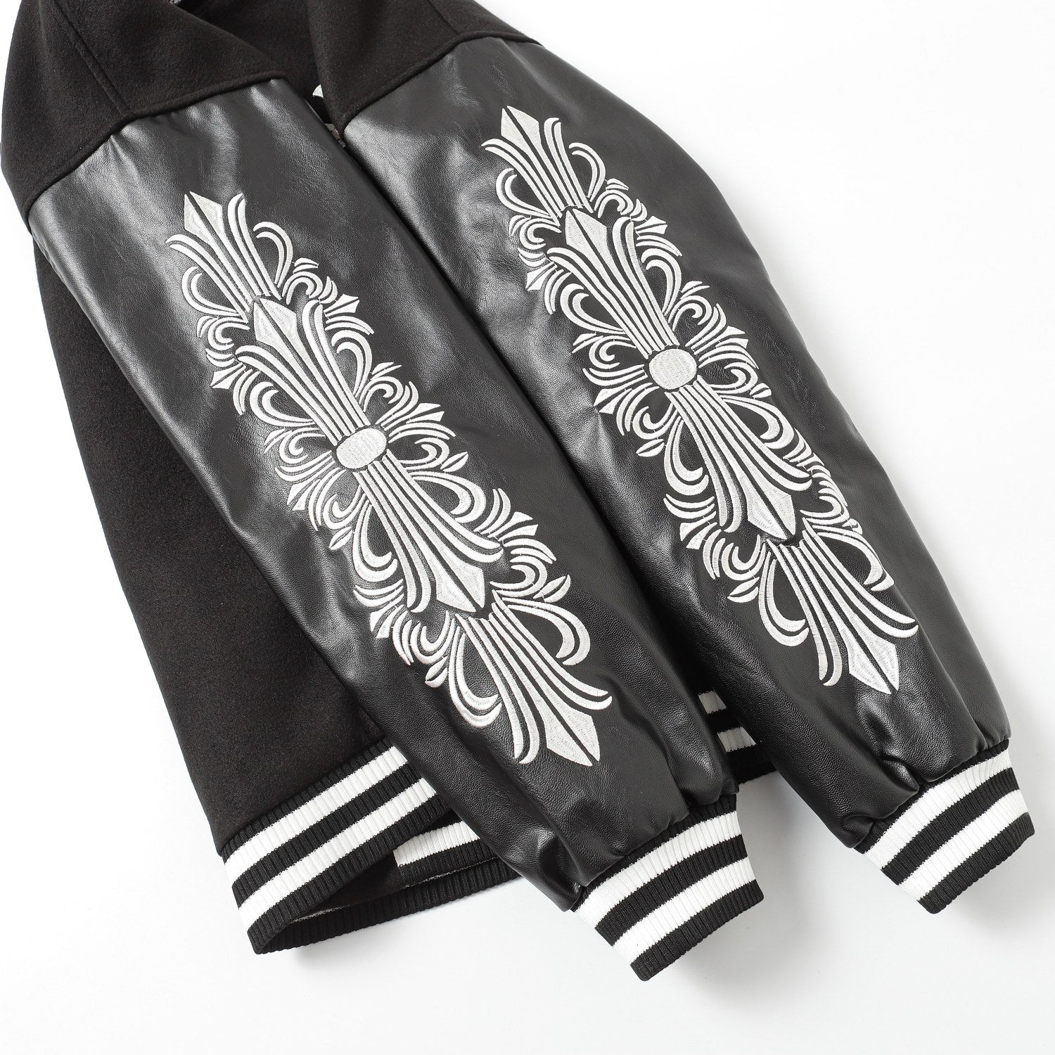 Chrome-Hearts Cross Embroidered Leather Sleeve Varsity Jacket - Black Street Style 116