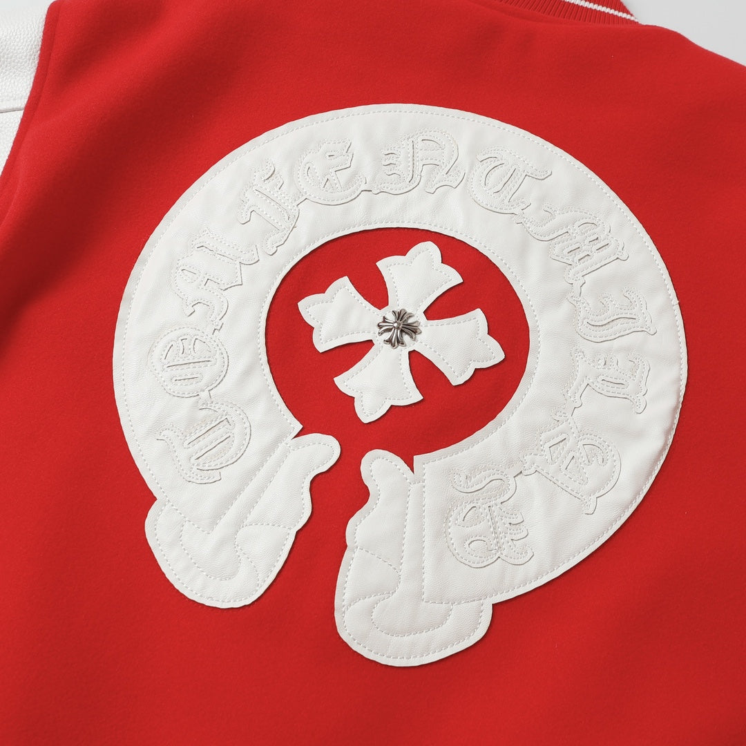 Chrome-Hearts Red Cross Varsity Jacket - White Sleeve Gothic Street Baseball Coat D68