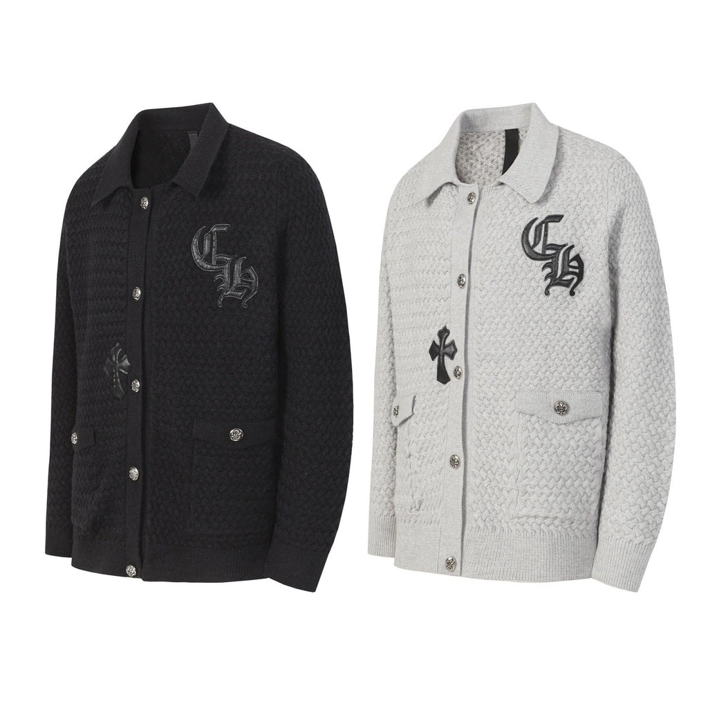 Chrome-Hearts Gothic Cross Knit Cardigan - Black Grey Streetwear Jacket 904