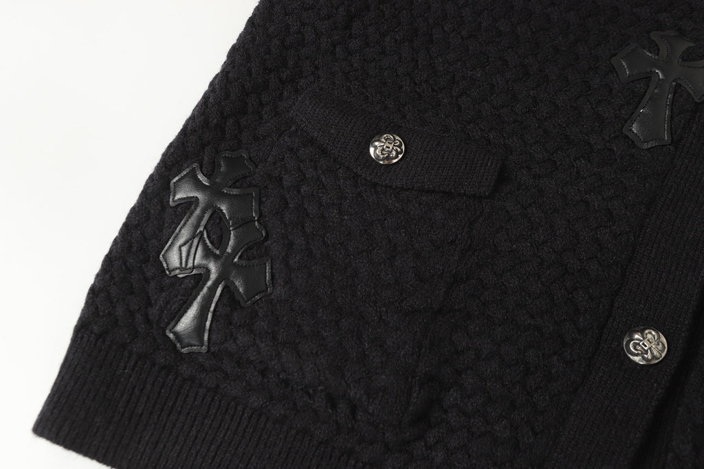 Chrome-Hearts Gothic Cross Knit Cardigan - Black Grey Streetwear Jacket 904