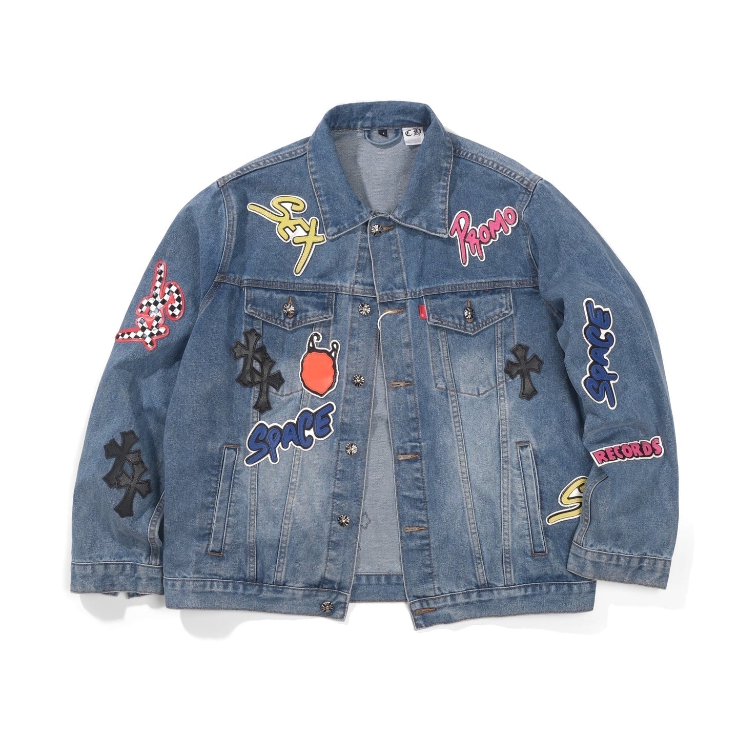 Chrome-Hearts Patchwork Denim Jacket - Vintage Blue Gothic Street Jacket 0789